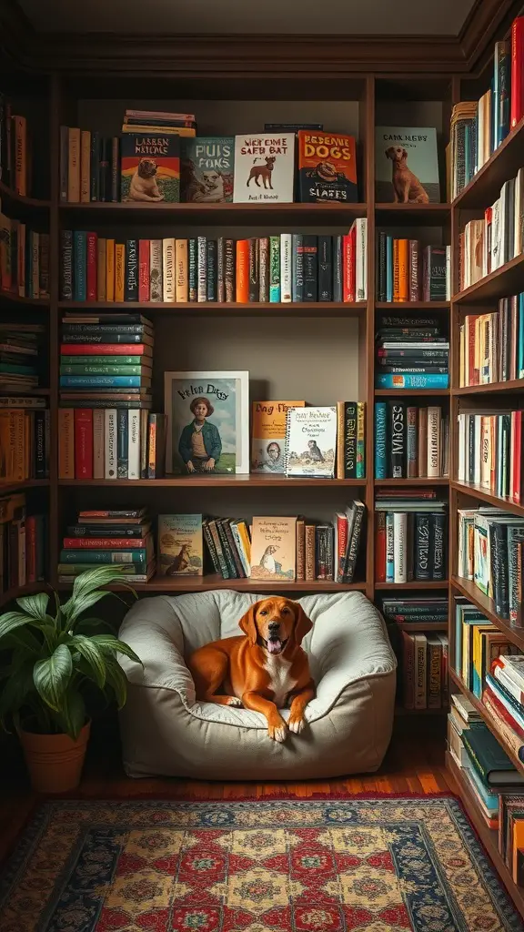 A cozy reading nook featuring a dog bed, bookshelves filled with books, and a dog relaxing in the corner.