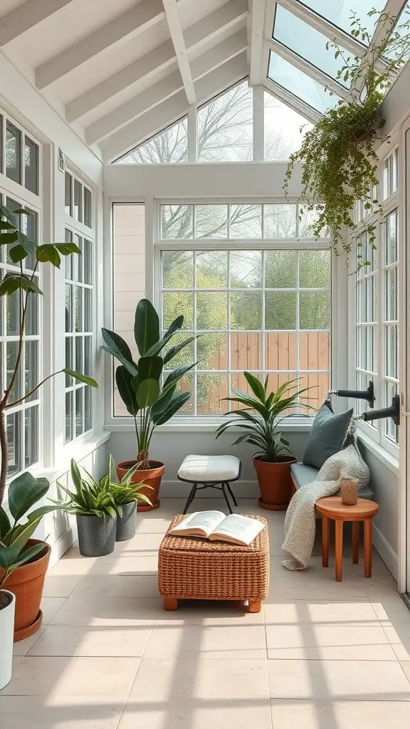 Cozy reading nook in an enclosed patio with natural light, featuring plants and comfortable seating.