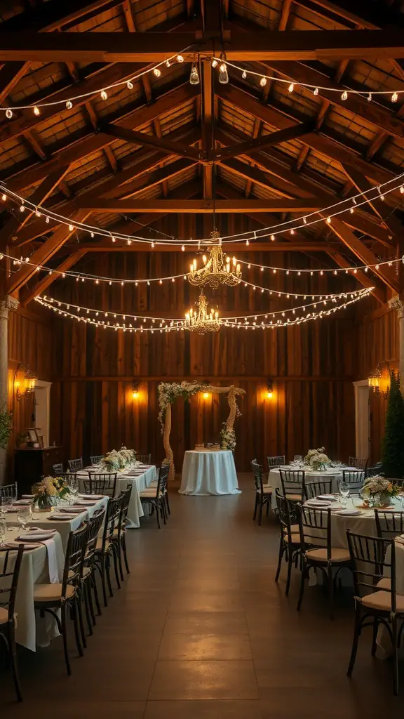 19+ Stunning Christmas Wedding Ideas You Need to See 2 Cozy reception venue with wooden beams, string lights, and elegantly set tables for a Christmas wedding.