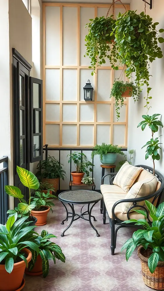 21 Creative Balcony Landscaping Ideas You’ll Love 8 A cozy balcony seating area with plants and a comfortable sofa.