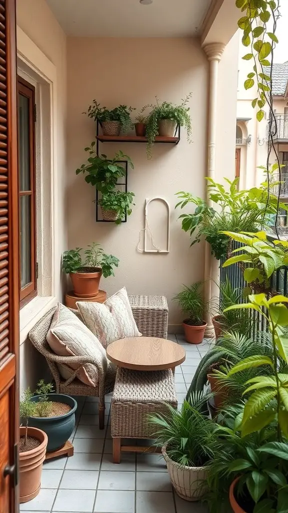 23 Creative Small Balcony Decor Ideas You Need to Try 4 A cozy balcony seating area with wicker chairs, a wooden table, and various potted plants.