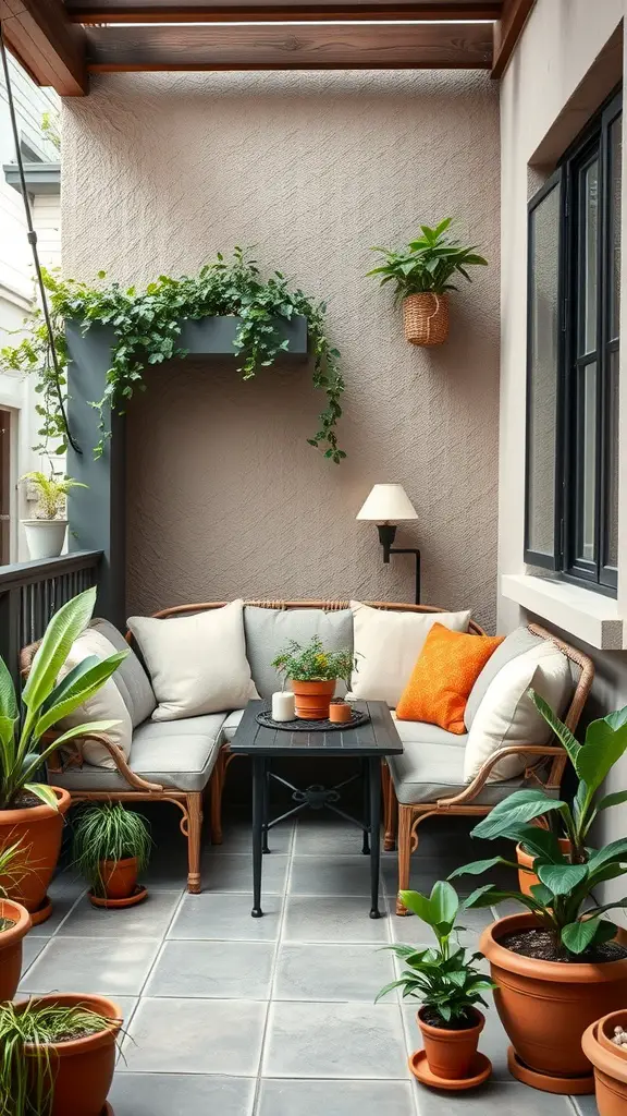 29 Creative Small Patio Decorating Ideas You’ll Love 2 A cozy seating nook on a small patio with a corner sofa, cushions, and potted plants.