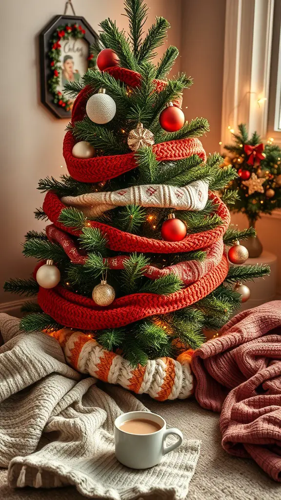 21 Creative Christmas Tree Ideas for a Cozy Fall Celebration 9 A Christmas tree wrapped in knitted materials with cozy blankets and a cup of coffee