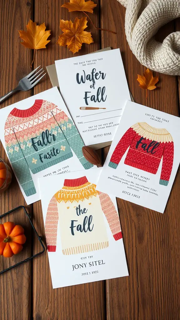 17 Creative Fall-Themed Baby Shower Ideas You’ll Love 10 Cozy sweater-themed baby shower invitations on a wooden table with autumn leaves and a knitted scarf.