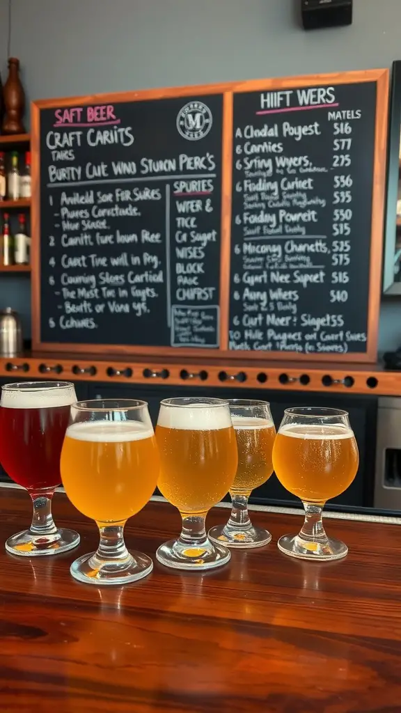 33 Fun and Creative House Party Ideas to Dazzle Your Guests 11 A selection of craft beers in glasses on a wooden bar with a chalkboard menu in the background.