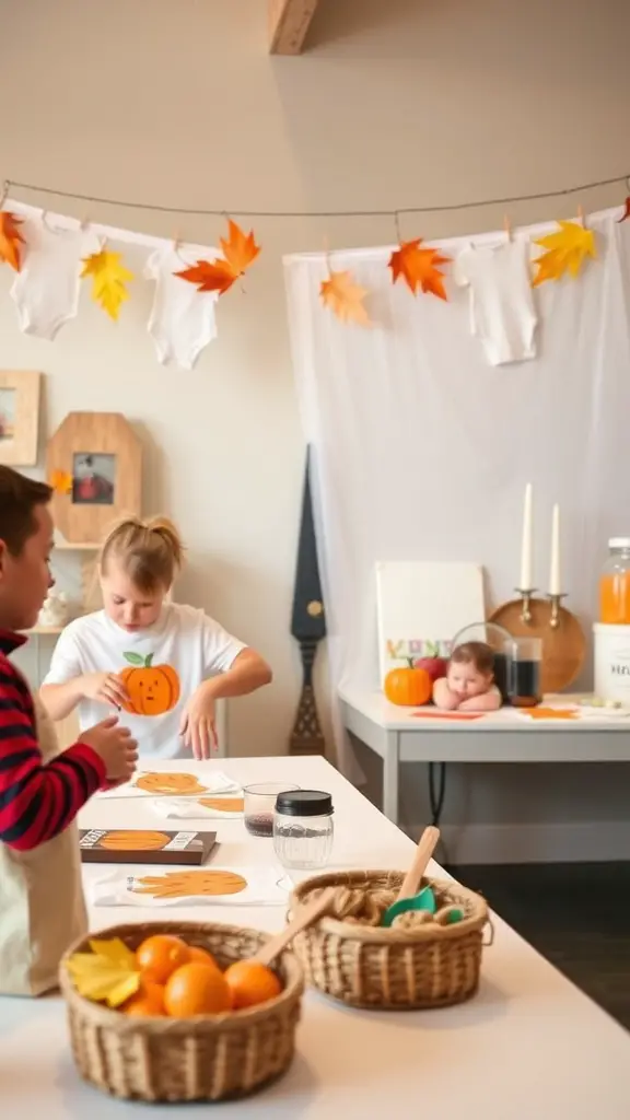 17 Creative Fall-Themed Baby Shower Ideas You’ll Love 11 Children decorating baby onesies at a craft station with autumn decorations.