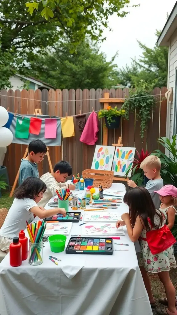 Children engaged in a craft station at a backyard birthday party, with art supplies and colorful decorations.