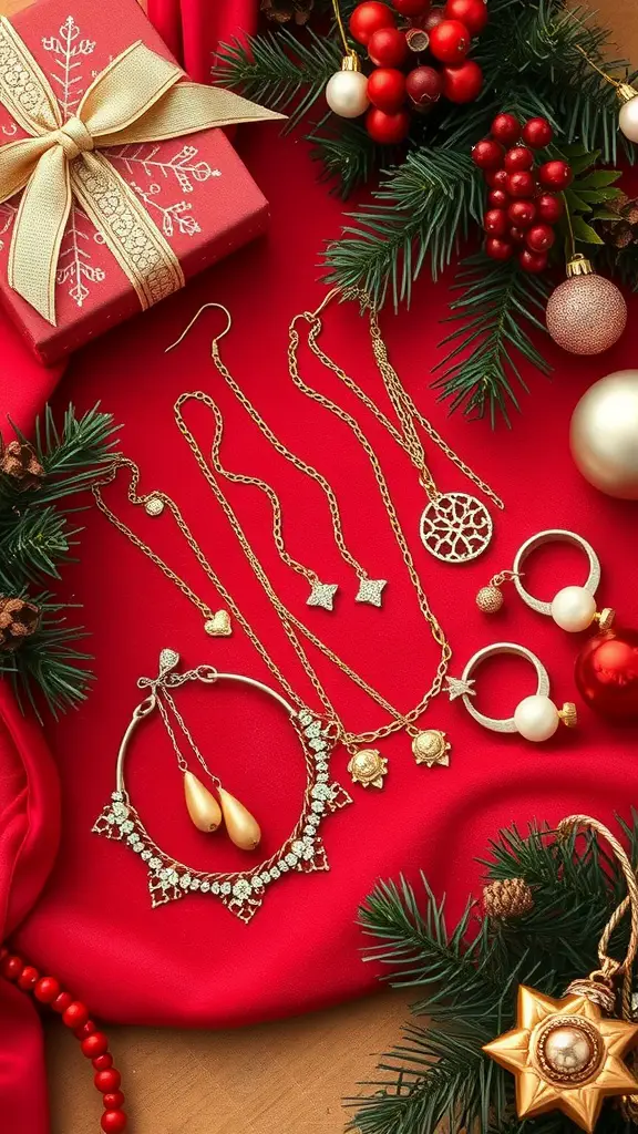 An arrangement of handmade jewelry pieces on a red fabric background, featuring a gift box and festive decorations.
