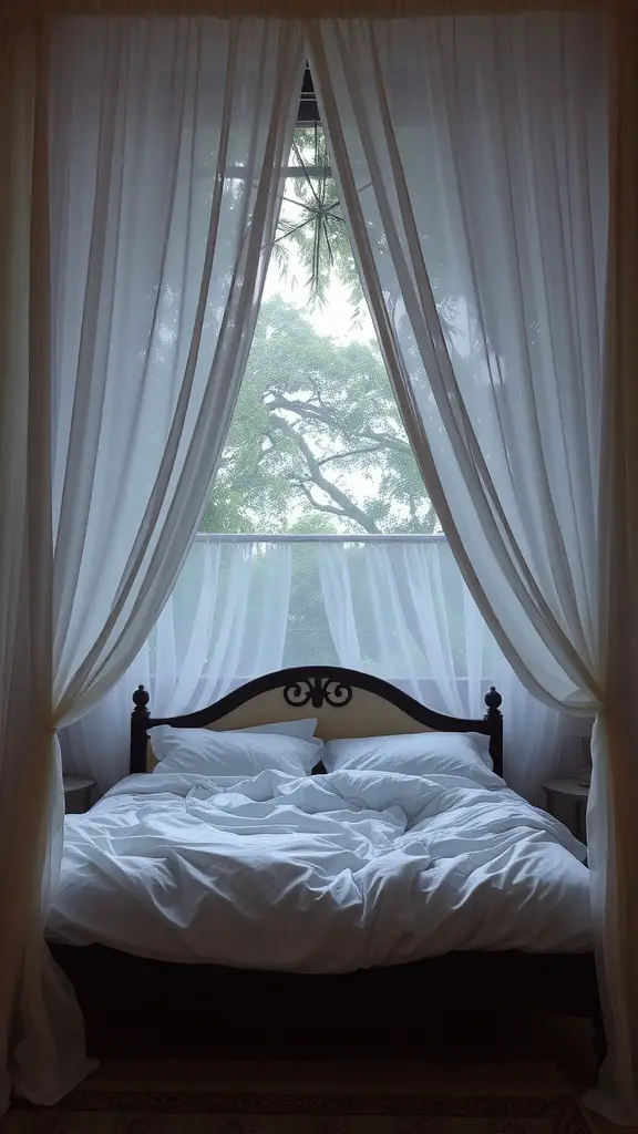 A cozy bed with white drapes framing a window that shows lush greenery outside.