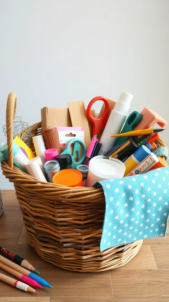 21 Creative Auction Basket Ideas You’ll Love 13 A wicker basket filled with various crafting supplies including scissors, markers, and glue.