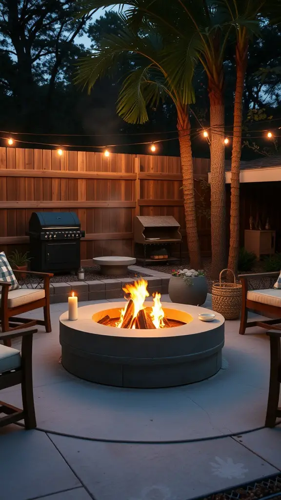 29 Creative DIY Concrete Molds for Your Next Project 13 A cozy outdoor setting featuring a concrete fire pit surrounded by chairs and palm trees.