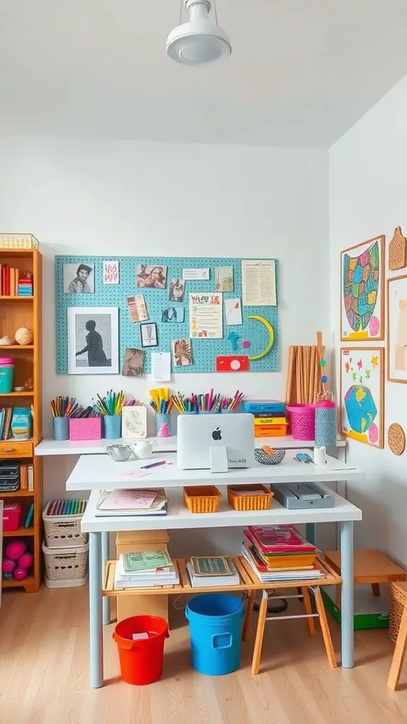 A bright and organized crafting corner with colorful supplies, a pegboard, and a spacious desk.