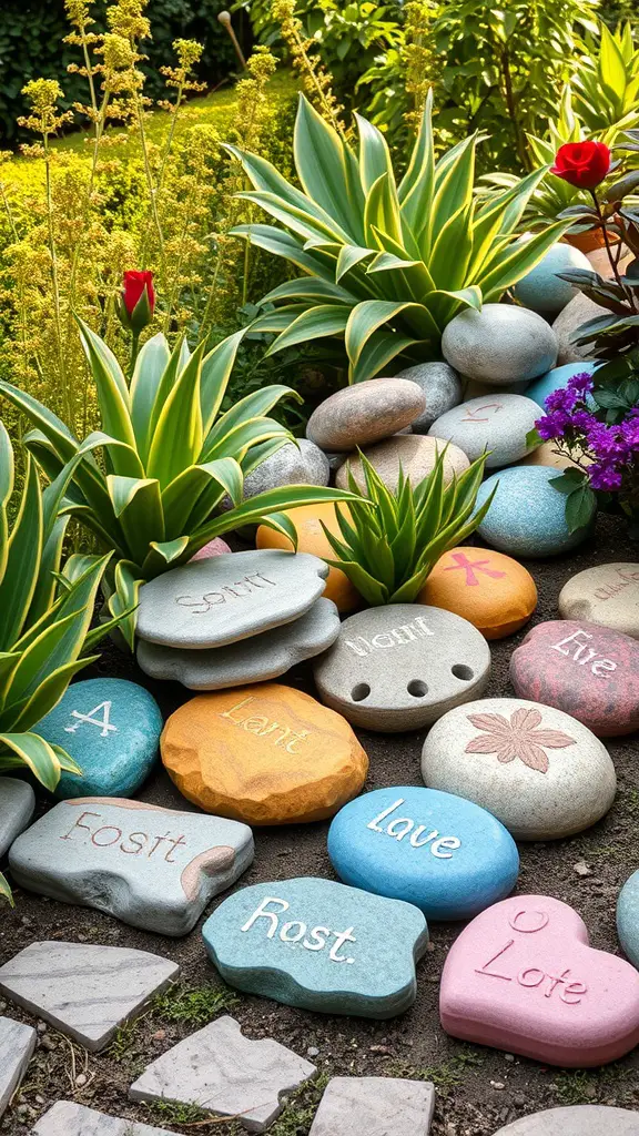 29 Creative DIY Concrete Molds for Your Next Project 7 Colorful decorative garden stones with words and designs among plants