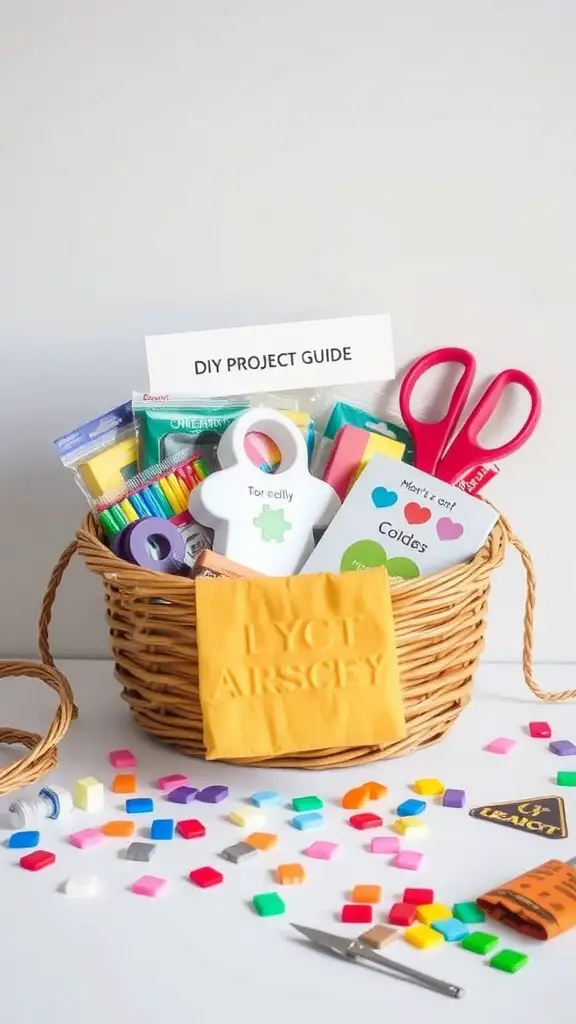 15 Creative Dollar Tree Gift Basket Ideas for Any Occasion 4 A woven basket filled with colorful crafting supplies including scissors, markers, foam shapes, and a DIY project guide.