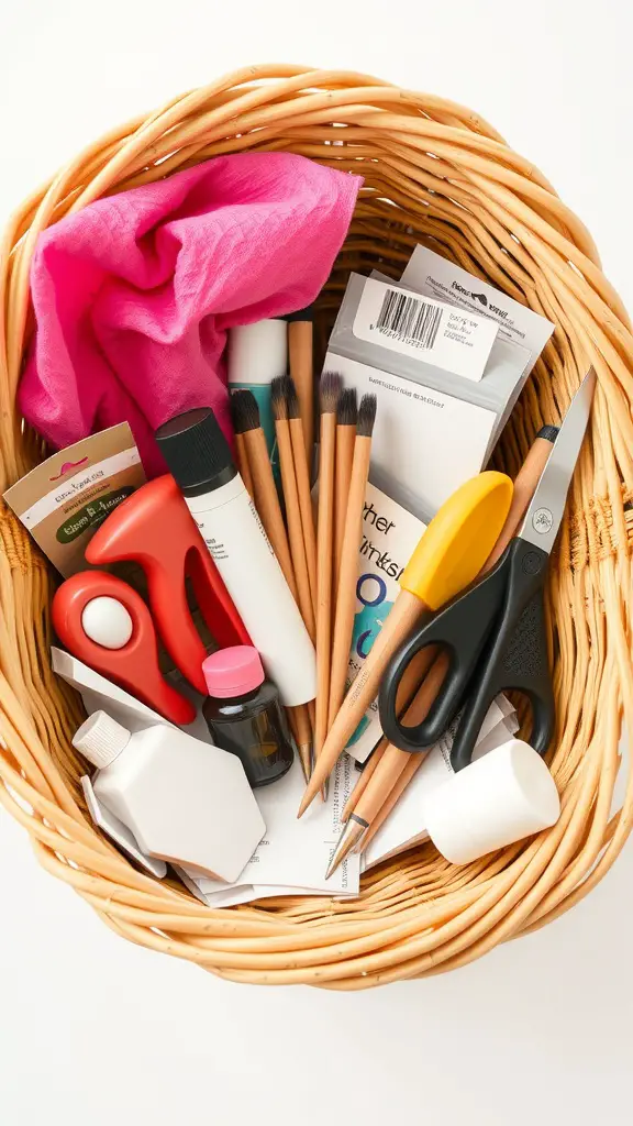 19 Creative Raffle Basket Ideas You’ll Love 16 A wicker basket filled with various crafting supplies including scissors, brushes, and colorful fabric.