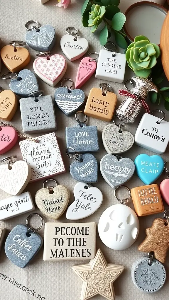 29 Creative DIY Concrete Molds for Your Next Project 17 A variety of colorful concrete keychains and decorative items with different shapes and texts.