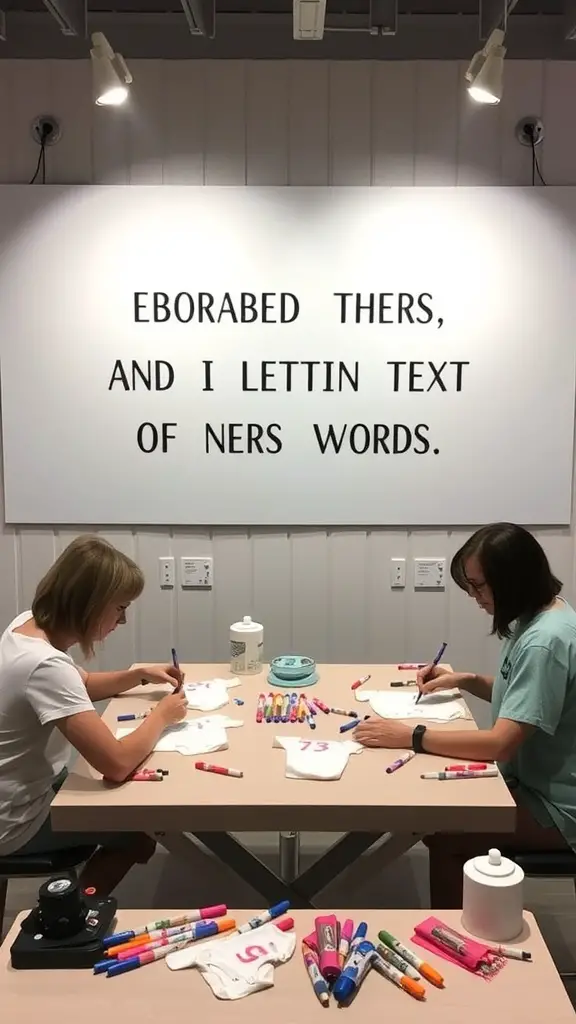 23 Creative Baby Shower Ideas for October Celebrations 2 Two women decorating baby onesies at a crafting station with colorful markers.