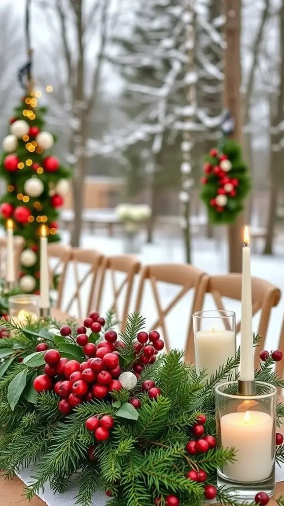 A winter wedding table setting with cranberry and pine decorations, featuring candles and a Christmas tree in the background.