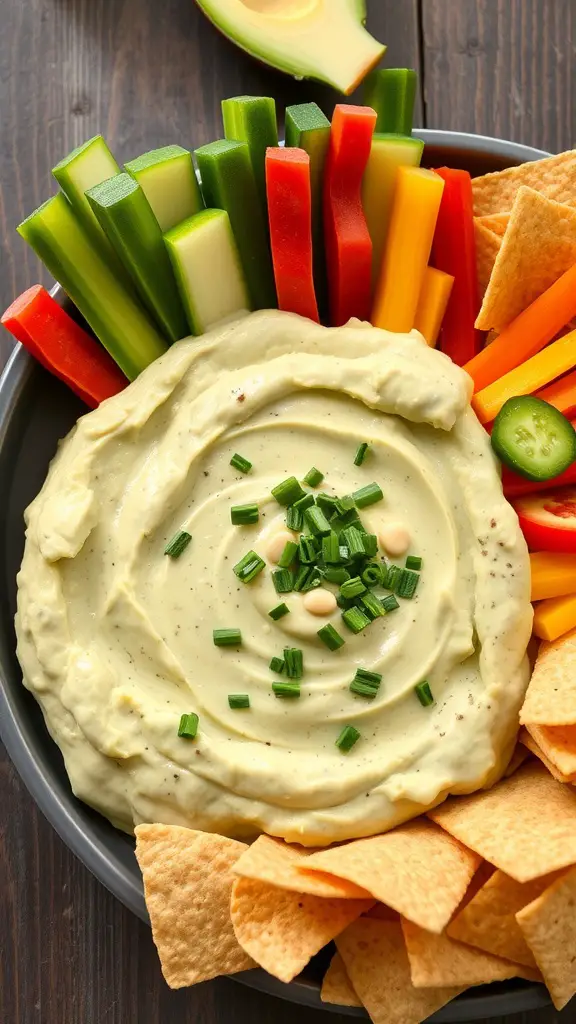 17 Creative Dish Garden Ideas to Elevate Your Space 15 A bowl of creamy avocado and white bean dip surrounded by colorful vegetables and tortilla chips.