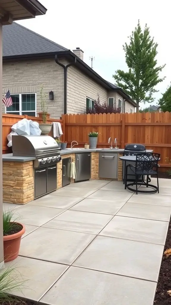 19+ Stunning Concrete Patio Makeover Ideas You’ll Love 13 Outdoor kitchen area with a BBQ grill, counter space, and seating on a concrete patio