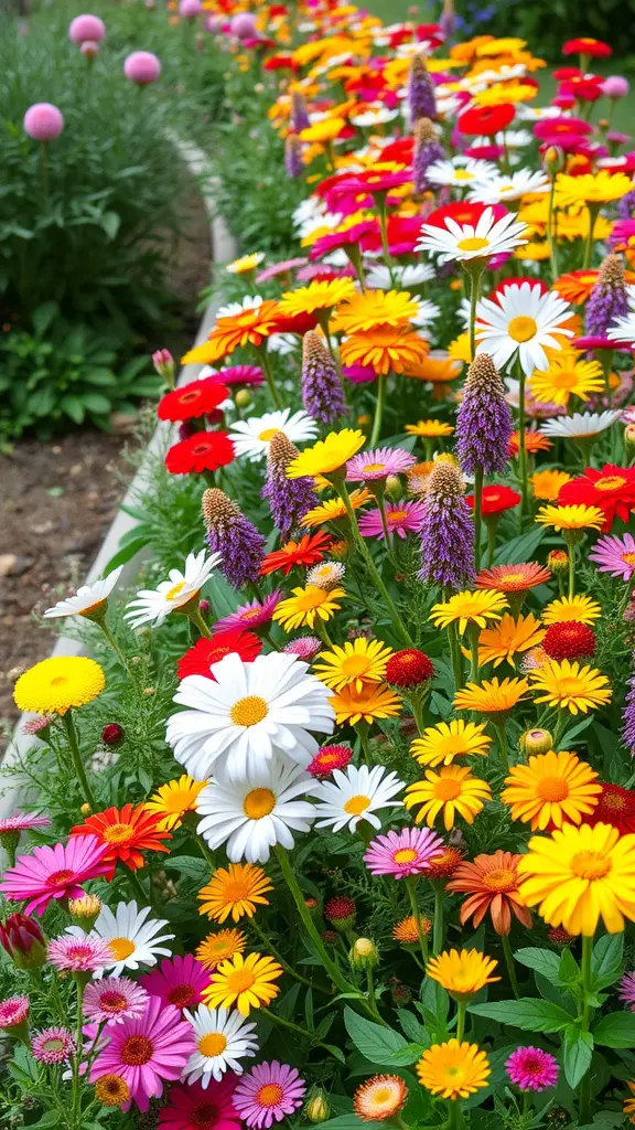 A colorful border of blooming perennial flowers in various shades of red, yellow, pink, and white.