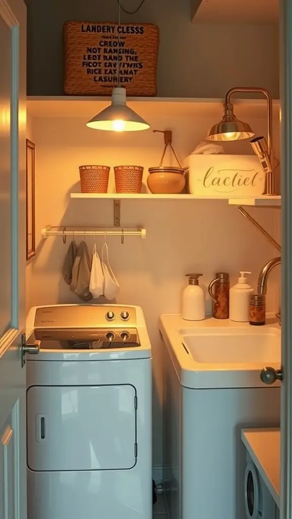 Cozy laundry room with warm lighting and decorative elements