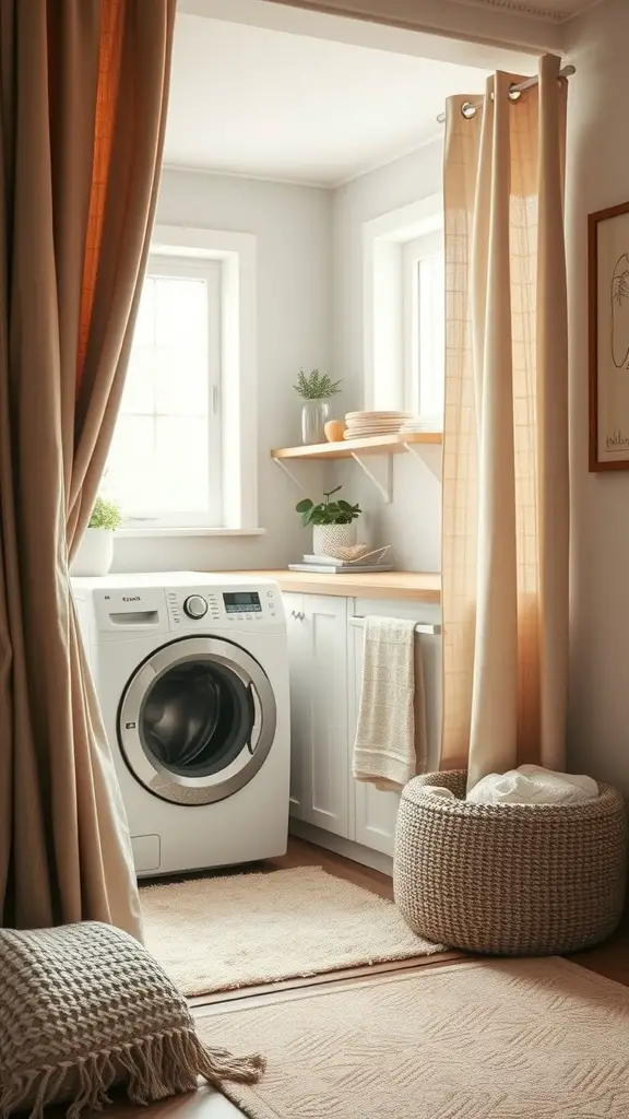 19 Clever Small Laundry Room Ideas to Maximize Space 12 A cozy laundry room with soft curtains, a plush rug, and a woven basket.