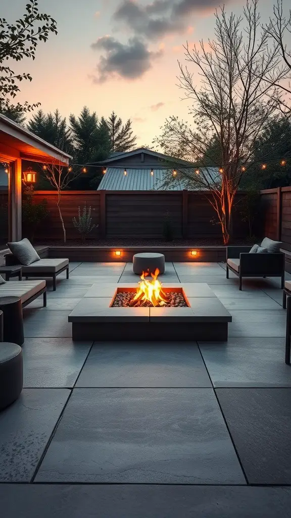 19+ Stunning Concrete Patio Makeover Ideas You’ll Love 6 A cozy fire pit area on a concrete patio with modern seating and string lights.