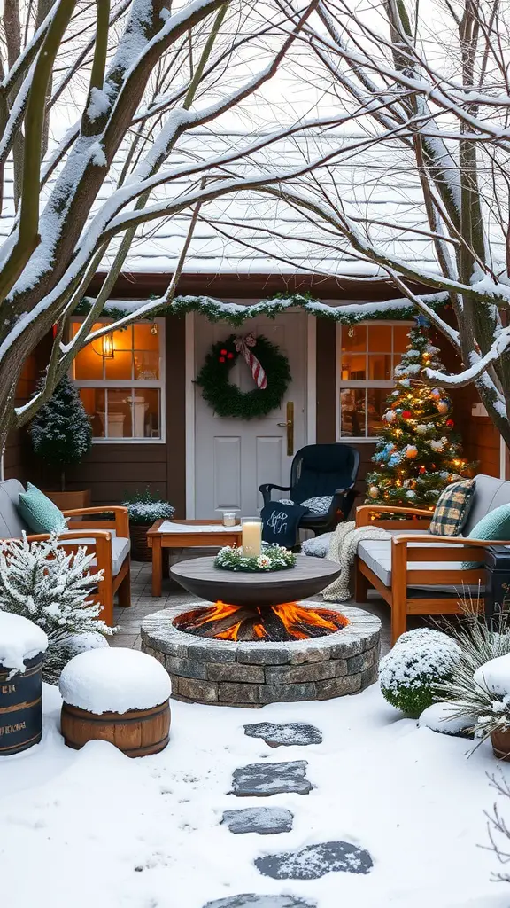 A cozy winter garden retreat with a fire pit, seating area, and festive decorations.