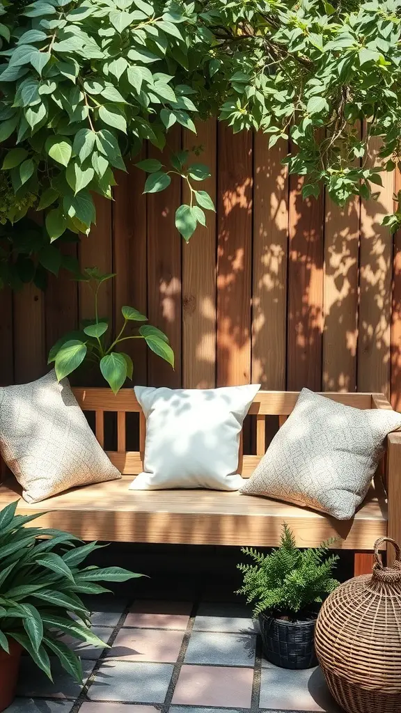 19 Creative Shadow Garden Ideas to Transform Your Outdoor Space 9 A cozy garden nook featuring a wooden bench with pillows, surrounded by lush green plants and a woven basket.