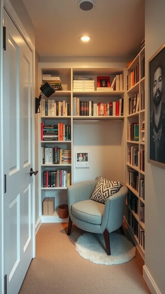 A small walk-in closet transformed into a cozy reading nook with bookshelves, a chair, and warm lighting.