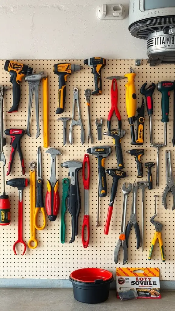 A well-organized tool wall with various tools hanging on a pegboard.