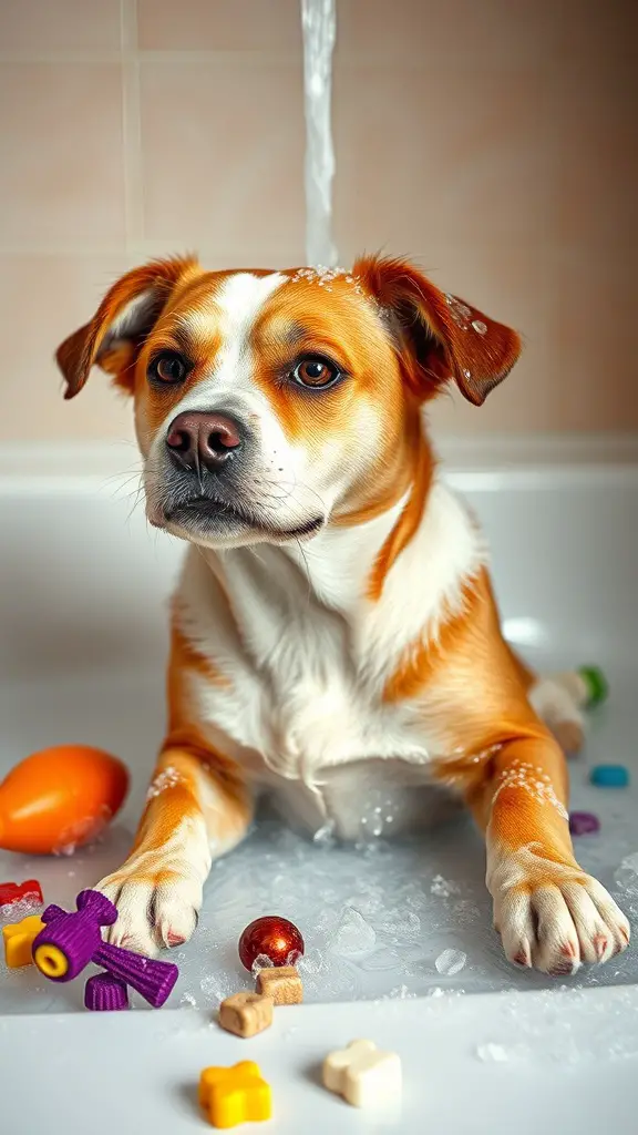 21+ Essential Items for a Perfect Dog Washing Station 7 A dog sitting in a bath with water flowing over it, surrounded by colorful toys.