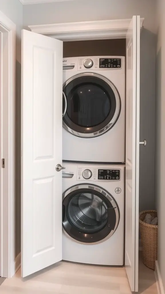 19 Clever Small Laundry Room Ideas to Maximize Space 7 A compact laundry closet featuring a stacked washer and dryer with white doors and a basket beside them.