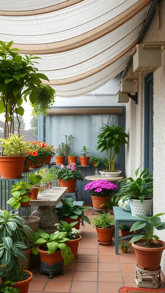 19 Must-Have Vegetables for Your Balcony Garden 14 A vibrant balcony garden filled with various potted plants, showcasing a mix of flowers and greenery under a shaded covering.