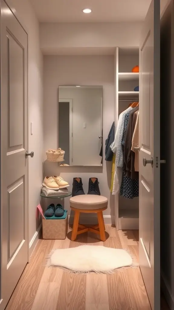 23 Creative Small Closet Organization Ideas for Maximum Space 15 A small closet featuring a mirror, stool, organized shelves, and neatly arranged shoes, creating a mini dressing area.