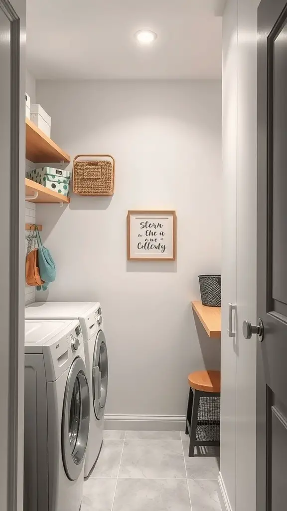 23 Creative Narrow Laundry Room Ideas You’ll Love 13 A narrow laundry room featuring two washing machines, open shelves with storage, and a small table with a chair.