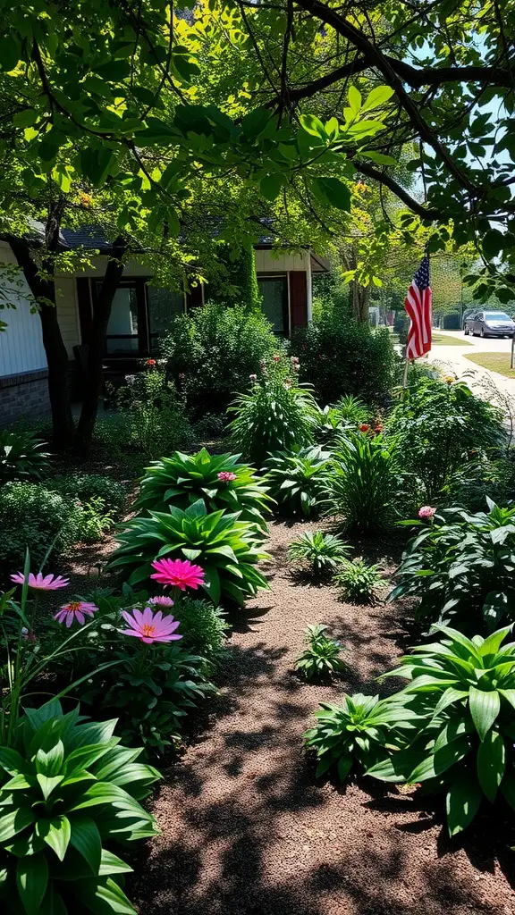 A vibrant perennial shade garden with lush green foliage and colorful flowers along a gravel path.
