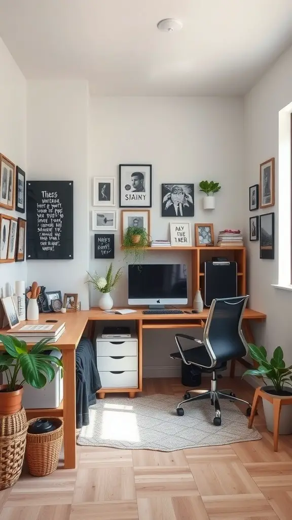 A cozy small office space with a wooden desk, modern chair, wall art, and plants.