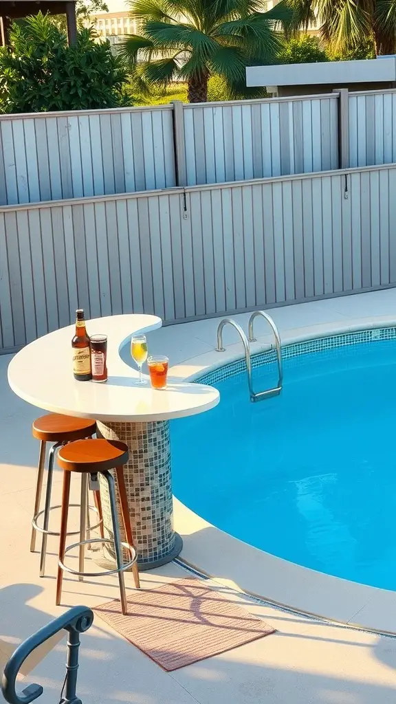 19 Inspiring Above Ground Pool Ideas for Your Backyard Oasis 14 A stylish poolside bar area with drinks and stools next to a bright blue pool.