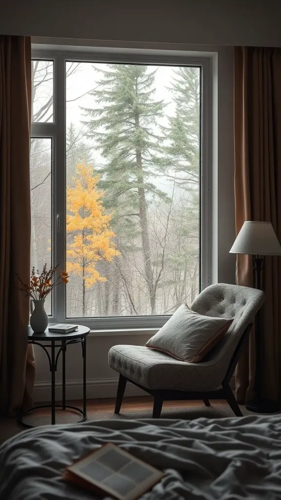 Cozy reading nook with a view of trees and autumn foliage through a large window.