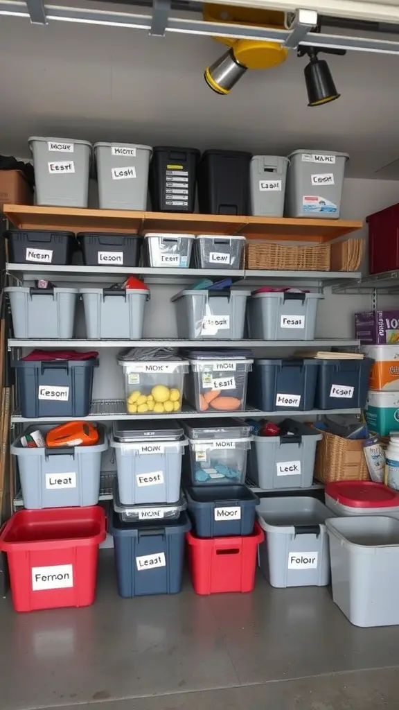 Organized garage with labeled storage bins on shelves