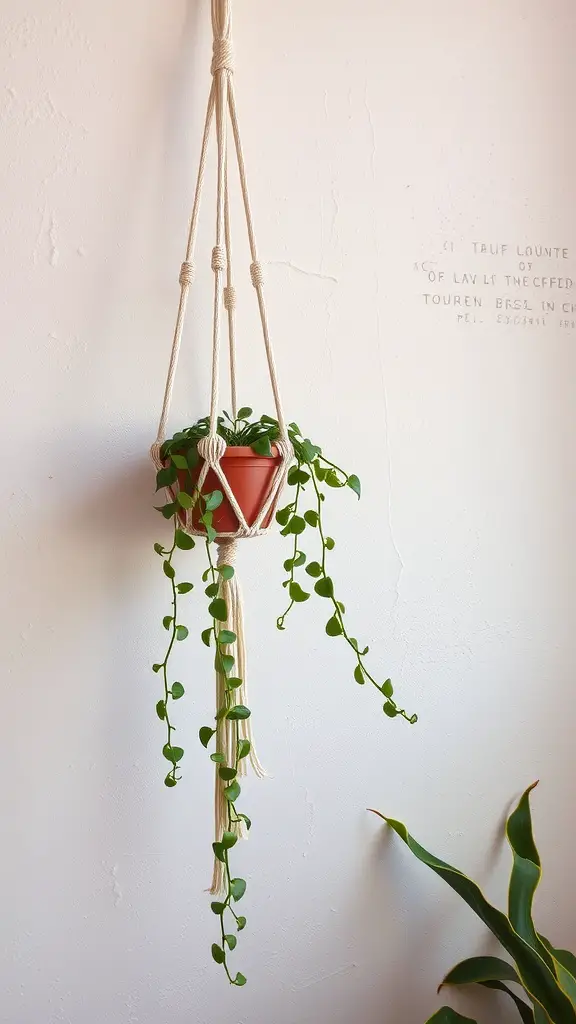 19 Stunning DIY Macrame Plant Hangers to Elevate Your Home Decor 10 A simple wall-mounted macrame plant hanger with a trailing plant in a terracotta pot.