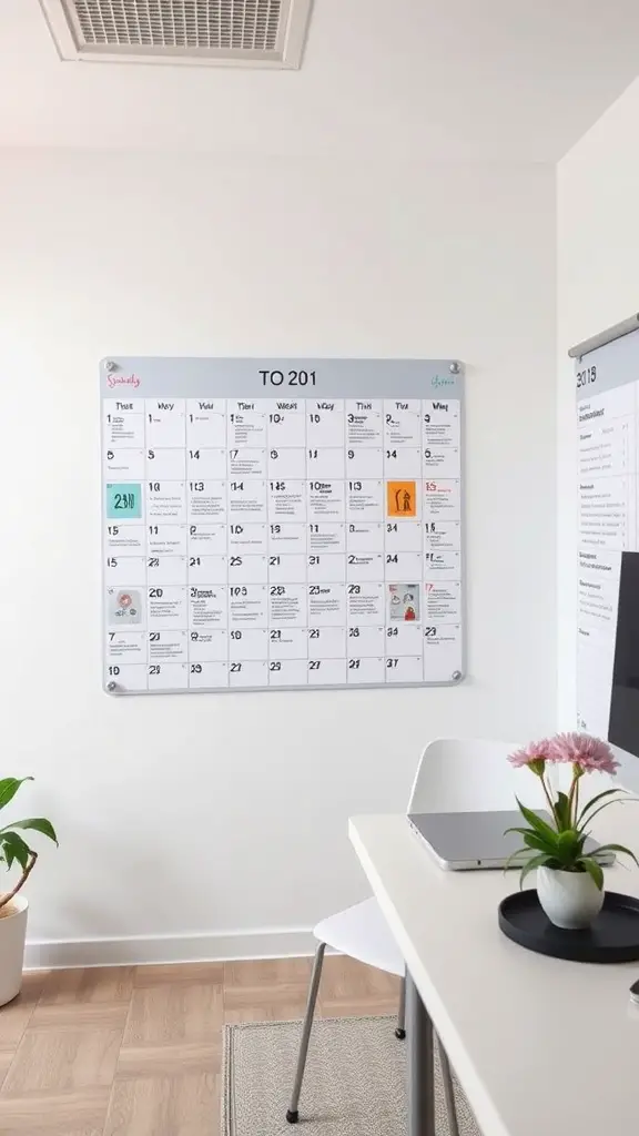 A large wall calendar in a small office space with a desk and plant.