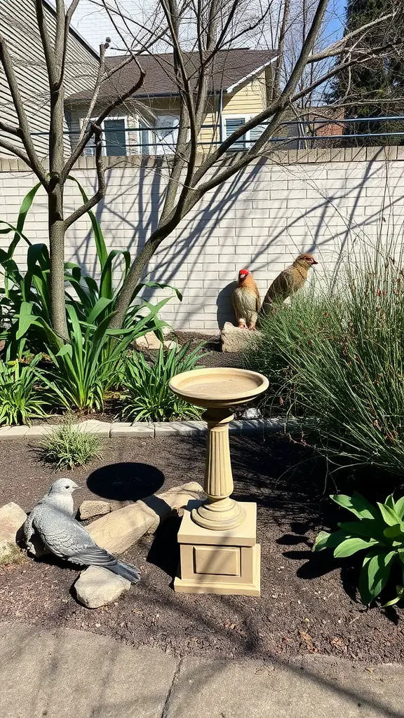 19 Creative Shadow Garden Ideas to Transform Your Outdoor Space 15 A wildlife-friendly shadow garden featuring a birdbath, green plants, and two birds.