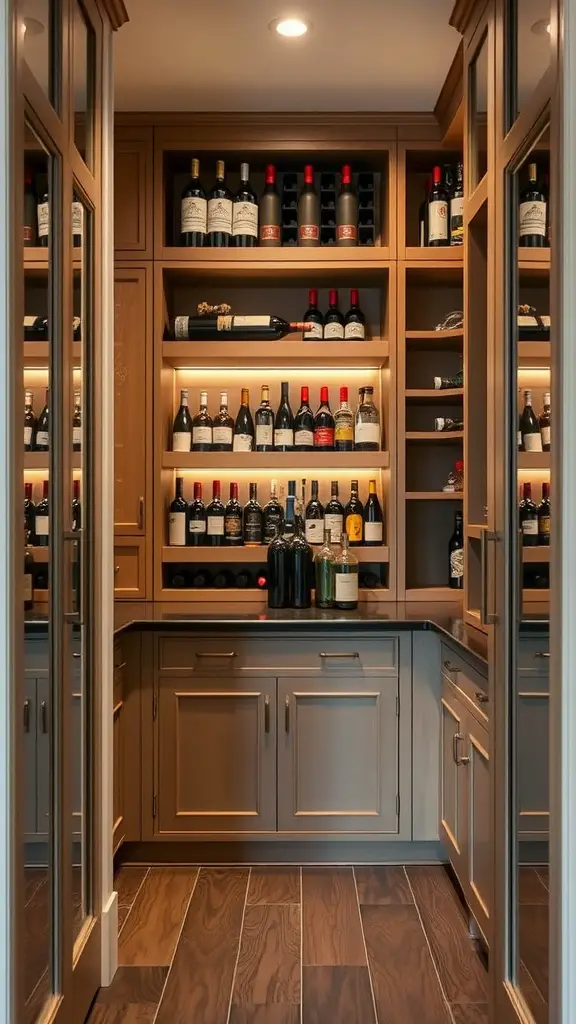 A well-organized wine rack area in a walk-in pantry with various bottles of wine displayed on wooden shelves.