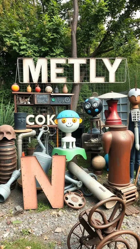 15 Creative Junk Garden Ideas to Transform Your Backyard 6 A collection of scrap materials and art installations, featuring colorful letters and quirky sculptures.