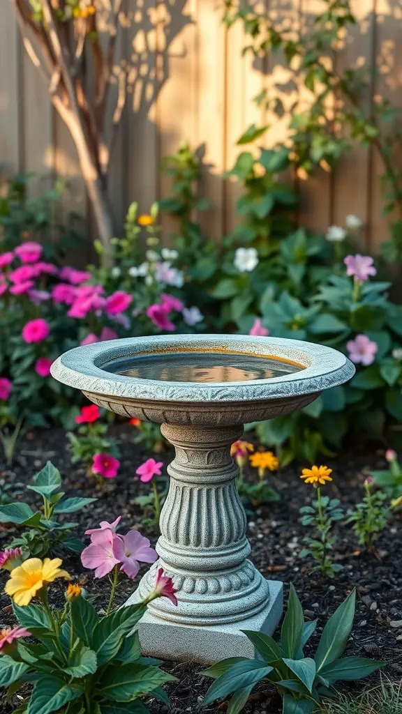 29 Creative DIY Concrete Molds for Your Next Project 10 A decorative concrete bird bath surrounded by colorful flowers in a garden.