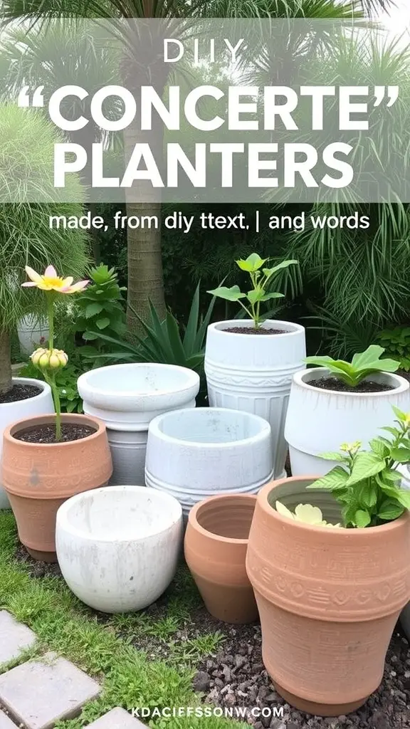 29 Creative DIY Concrete Molds for Your Next Project 6 A variety of DIY concrete planters in different shapes and colors, displayed in a garden setting.
