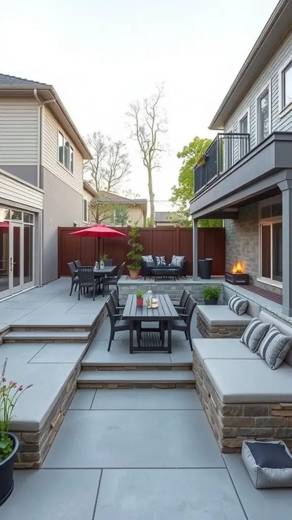 19+ Stunning Concrete Patio Makeover Ideas You’ll Love 7 A multi-level raised patio featuring stone steps, seating areas, and outdoor dining furniture.